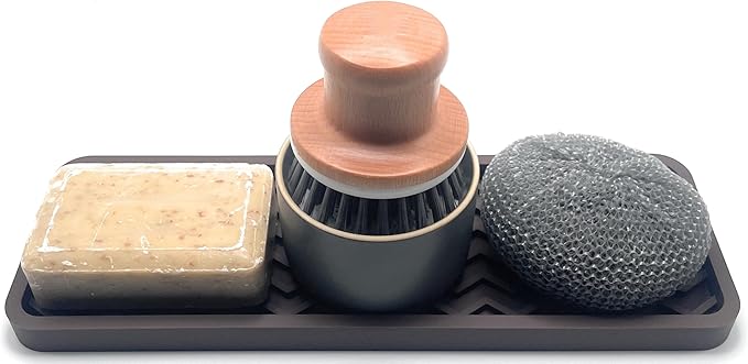 Happitasa Silicone Kitchen Sink Organizer Tray, Sponge Holder and Countertop Protector | Bathroom and Kitchen Soap Dish and Dispenser Tray (Dark Chocolate, 12" x 4", 9.2 Ounces, Zigzag)