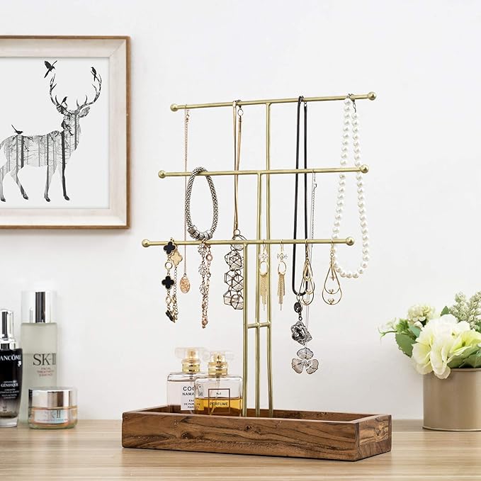 MyGift Handmade 3-Tier Brass Metal Jewelry Tree Organizer Stand and Ring Tray with Solid Acacia Wood Base, T Bar Necklace and Bracelet Display Rack, Handcrafted in India