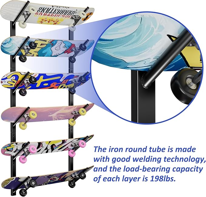 Skateboard Wall Mount, Skate Board Wall Display Hanger Rack, Snowboard Wall Mount Ski Holder,Deck Wall Longboard Rack Storage(6-layers)