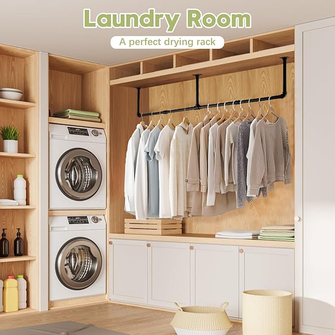 Industrial Pipe Clothing Rack, 66.1" Wall Mounted Clothes Rack Set of 2, Heavy Duty Closet Rod for Hanging Clothes, Space-Saving Detachable Iron Wall Garment Bar 3 Base