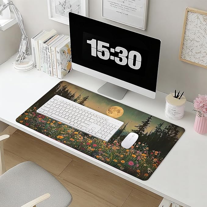 Vintage Moonlit Wildflower Floral Large Mouse Pad 31.5x15.7inch, Retro Nature Landscape Flower Large Extended Computer Desk Mat Mousepad for Keyboard and Mouse, Floral Desk Accessories