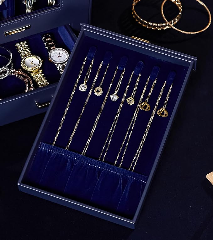Homde Jewelry Organizer with Transparent Window Necklace Hooks Gift for Women Jewelry Box Display Case for Necklaces Rings Earrings Bracelets and Other Accessories (Dark Blue)