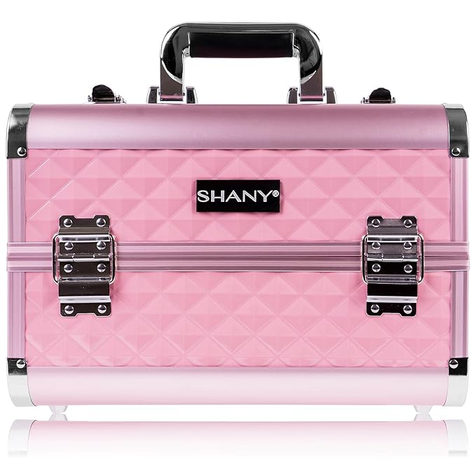 SHANY Premier Fantasy Professional Makeup Train Case Cosmetic Box Portable Makeup Case Organizer Jewelry storage with Locks, 3 Trays, Makeup Brush Holder and Cosmetics Mirror - Pink Diamond