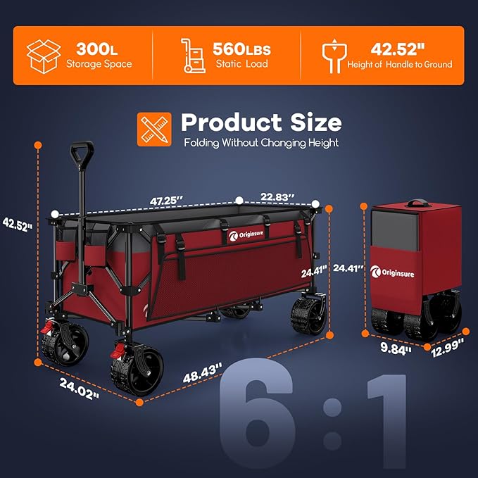 48" L Folding Beach Wagon Cart Foldable, 560lbs Weight Capacity 300L Heavy Duty Collapsible Wagons with Big All-Terrain Wheels, Utility Carts for Groceries, Shopping, Camping, Sports - Grey&Red