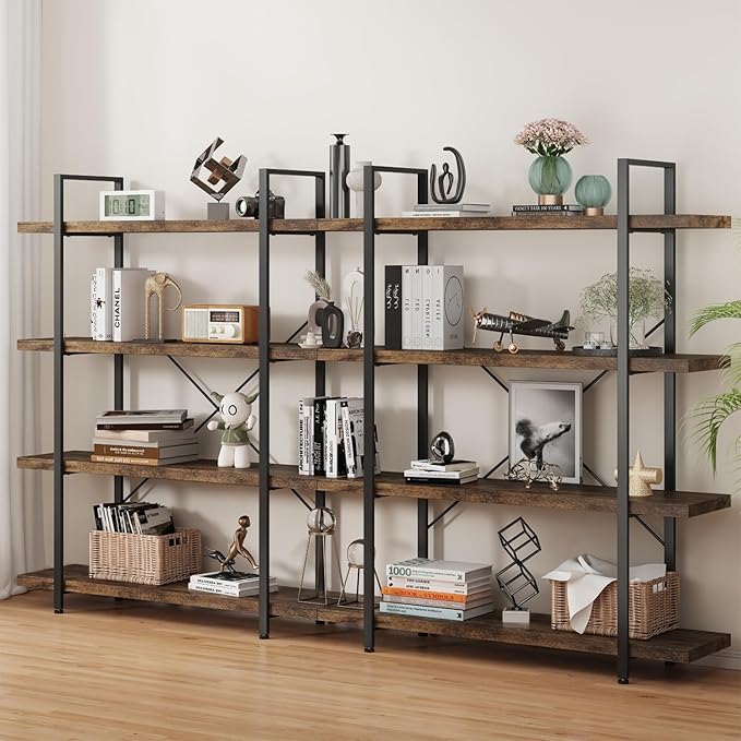 Bookshelf Set, Heavy Duty 4-Tier Industrial Bookcase, 47" Wide Wood Bookshelf for Home Office, 120lbs Shelf Capacity, Rustic Open Display with Horizontal Shelf for Living Room Bedroom