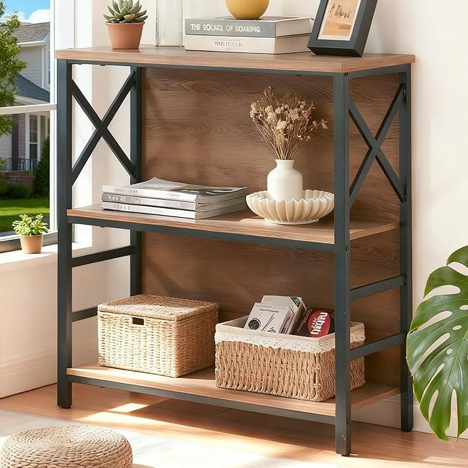 Small Bookshelf,3 Tier Industrial Bookcase with Metal Frame and Backboard,Low Rustic Brown Book Shelf,Book case for Small Spaces,Living Room,Bedroom and Home Office