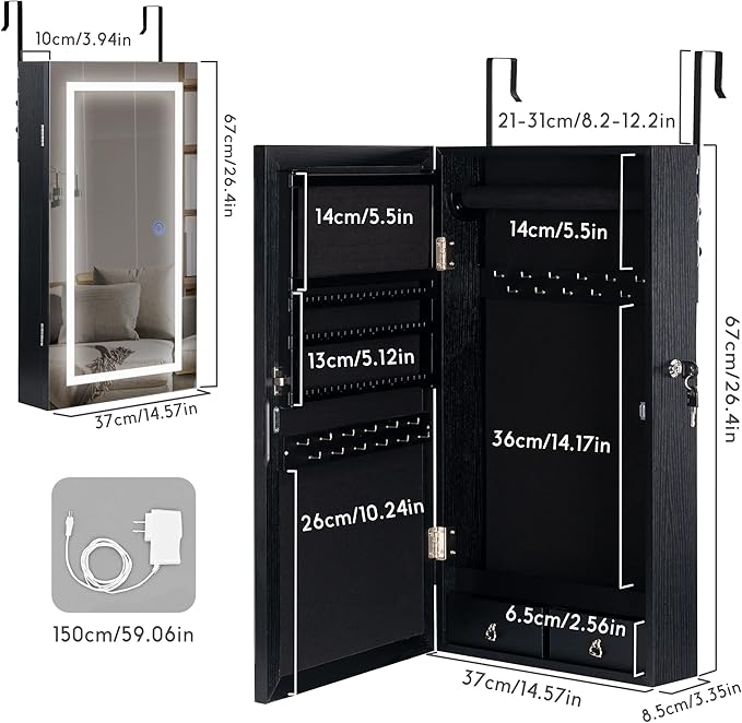 LAVIEVERT Jewelry Armoire with LED Lighted Mirror, Wall/Door Mounted Frameless Mirror with 3 Color Lights, Lockable Jewelry Cabinet Hanging Jewelry Organizer with 2 Drawers - Black