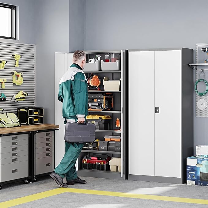 Letaya Metal Garage Storage Cabinets with Lock Door and Adjustable Shelves, Steel Tool Cabinets for Home,Office,Warehouse Organisieren (Gery White, 72" H)