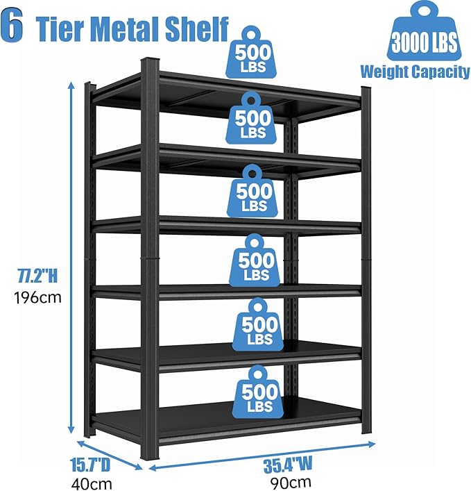 Heavy Duty Steel Metal Shelving Storage Shelves for Pantry/Kitchen/Laundry/Commercial/Garage/Basement, 36" Wx16 Dx78 H, 3000LBS Capacity, Adjustable, Brushed Finish,6 Tier Tall Shelf