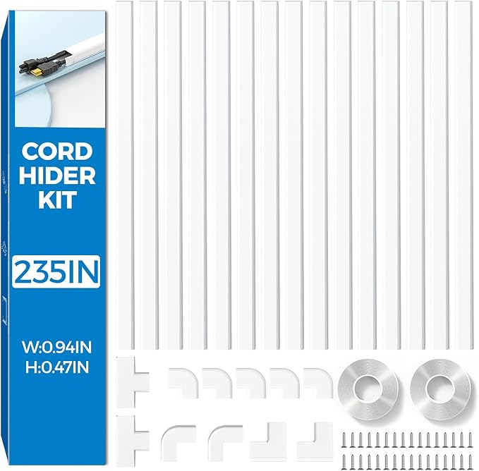 Yecaye 235in Wall Cord Hider for 2-3 Cords, On-Wall Cord Cover Channel, Long Cable Concealer, Cable Cover Cords Management for Home Office, W0.94in H0.47in, White