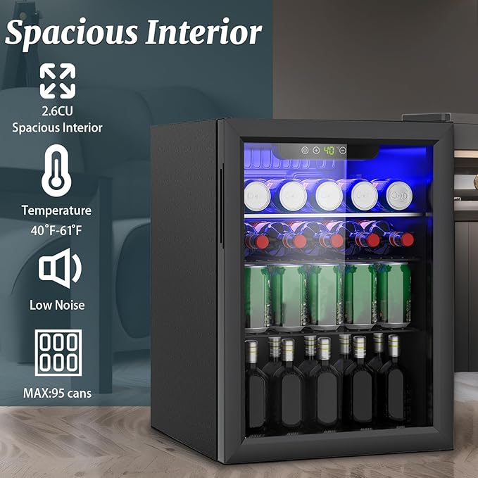 Compact 95 Can/2.6Cu.Ft Mini Fridge For Soda, Beer Or Wine, Portable Small Beverage Refrigerator With Digital Display&Removable Shelves &Reversible Glass Front Door For Office, Dorm, Bar