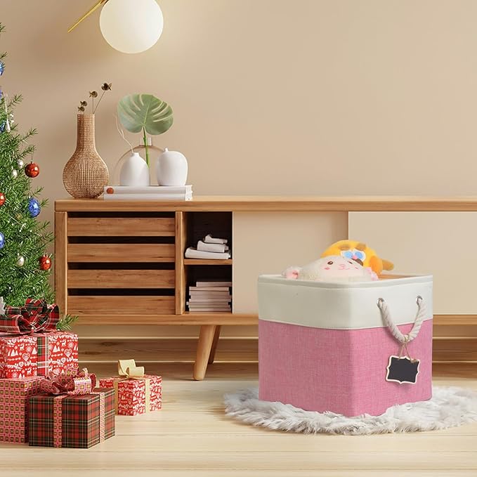 storage cubes 12 x 12[6 Pack],Cube Storage Organizer Bins with Rope Handles, Eco-Friendly Linen Collapsible Organizers for Closet, Nursery, Toys, Office, Bathroom – Dual Color Design.(White&Pink)