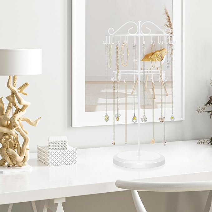 iDavosic.ly 2 Tier Rotating Necklace Holder Organizer with 42 Hooks, Adjustable Metal Bracelet Display Stand Rack, Extra Tall Keychain Spinning Tree Tower for Women, White