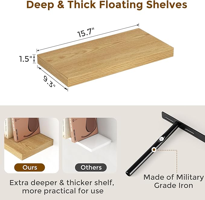 Fun Memories 16Inch Floating Shelves for Wall 2 Pack Shelves for Bedroom|Kitchen|Bathroom Wall Mounted Rustic Wood Floating Shelf with Invisible Brackets for Books|Storage|Decor, Oak