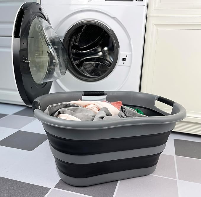 SAMMART 40L (10.5 gallon) Collapsible Plastic Laundry Basket - Space Saving Storage Container/Organizer - Portable Washing Tub - Foldable Pop Up Hamper/Basket (1, Grey/Black)