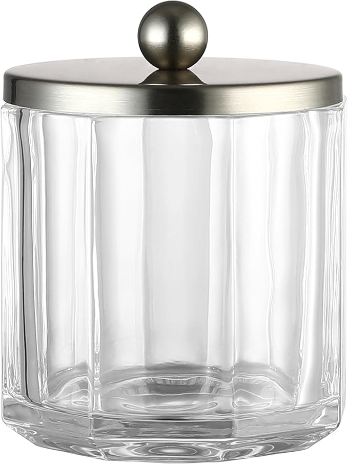 Clear Transparent Apothecary Octagional Shaped Glass Canister Jar With Satin Nickel Metal Lid Cover for Bathroom Organization, Cotton Balls, Q Tips, and Small Accessories, Bath Storage