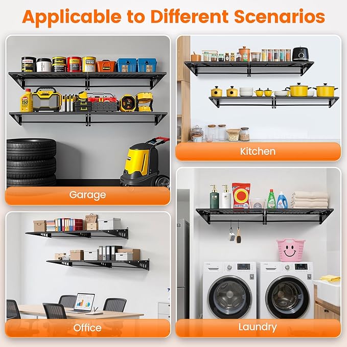 Garage Shelving 2x3ft 4-Pack, Garage Storage Rack 24"x36" Metal Shelves Black Wall Mounted with rods & 6 Hooks, Heavy Duty Wall Shelving Floating Shelves, 1000lbs Total load Capacity