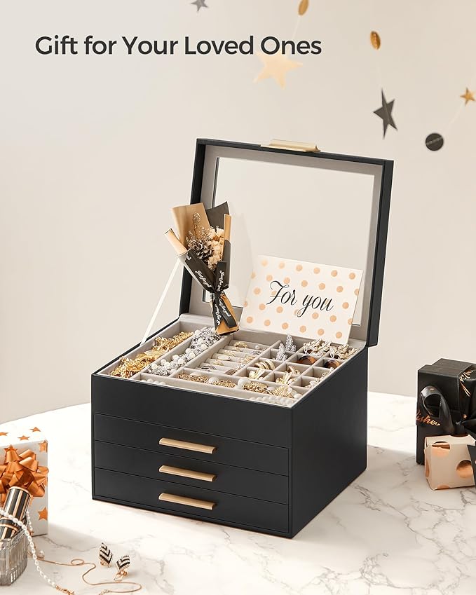 SONGMICS Jewelry Box Organizer with Glass Lid, 4-Layer Jewelry Storage, with 3 Drawers, Modern Style, Christmas Gift, 8 x 9.1 x 6.5 Inches, Graphite Black and Gold Color UJBC173B01