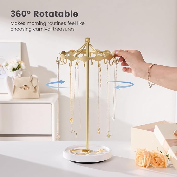 Lolalet Rotating Necklace Holder Stand with Metal Hooks, Spinning Display Carousels, Freestanding Organizer Hanger, for Long Necklaces Chains -Gold