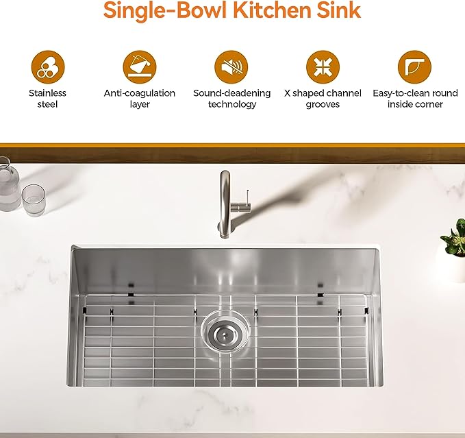 33 x 22 Drop-In/Undermount Kitchen Sink, TECASA Single Bowl Kitchen Sink with Pull Down Faucet, 18-Gauge T-304 Stainless Steel Basin with Workstation