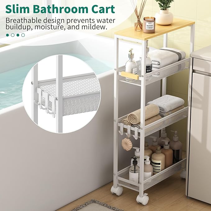 TIPGO Utility Slim Storage Cart, 4 Tier Rolling Cart with Wheels, Narrow Storage Cabinet for Bathroom, Laundry Shelves for Room Organization, Small Organizer for Kitchen, Office and Dorm (White)