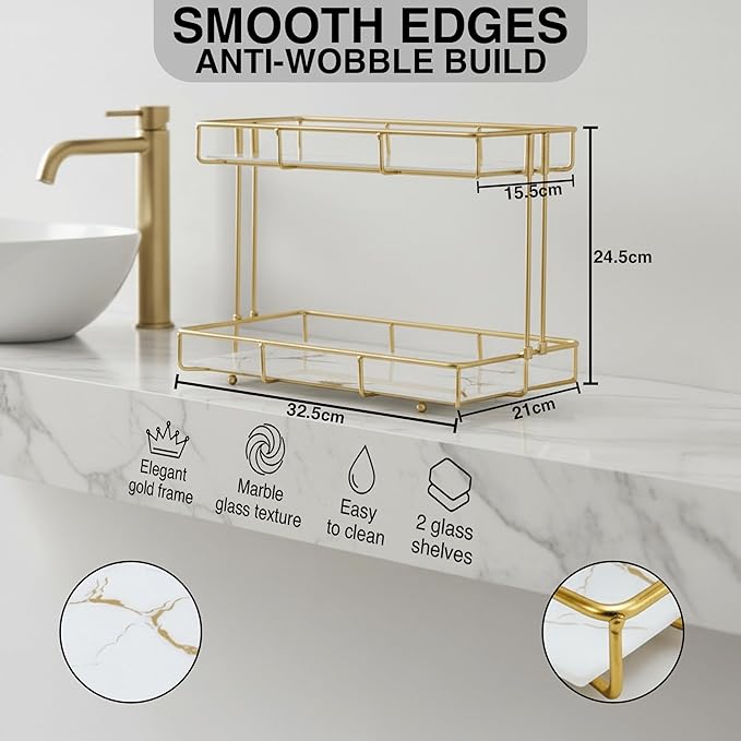 2-Tier White Marble Bathroom Countertop Organizer – Glass Shelves & Gold Metal Frame, Elegant Vanity Storage Shelf for Perfume, Skincare, Makeup & Toiletries