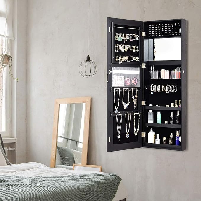 Giantex Jewelry Cabinet Armoire Door Wall Mount, 47.2in Lockable Touch Screen Lighted Full Length Mirror, 3 Lighting Settings, Inside Makeup Mirror, Jewelry Storage Box Organizer (Black)