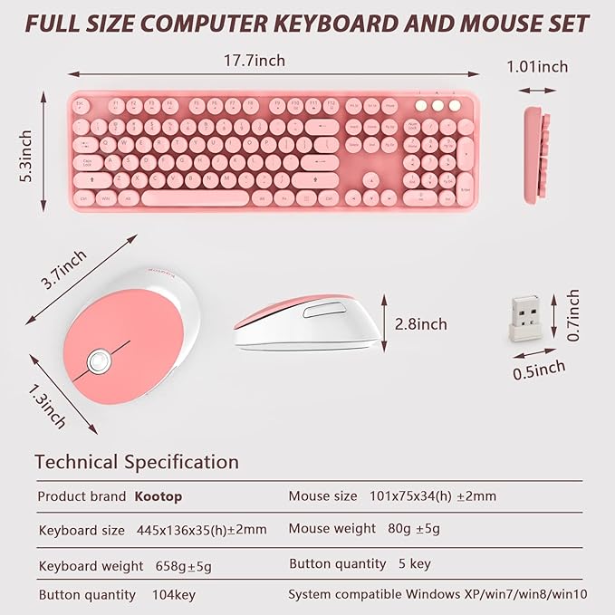 Wireless Keyboard,KOOTOP Cute Colorful 104 Keys Typewriter Retro Round Keycaps Keyboard for PC Laptop,Desktop,Windows, Home and Office Keyboards (Pink)