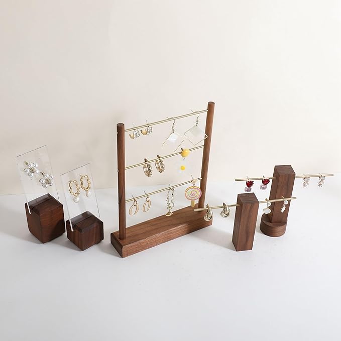 GemeShou Walnut earrings display stand for selling, wooden jewelry earring organizer shelf, wood earring storage organizer rack for boutique store【Earring shelf-Medium】