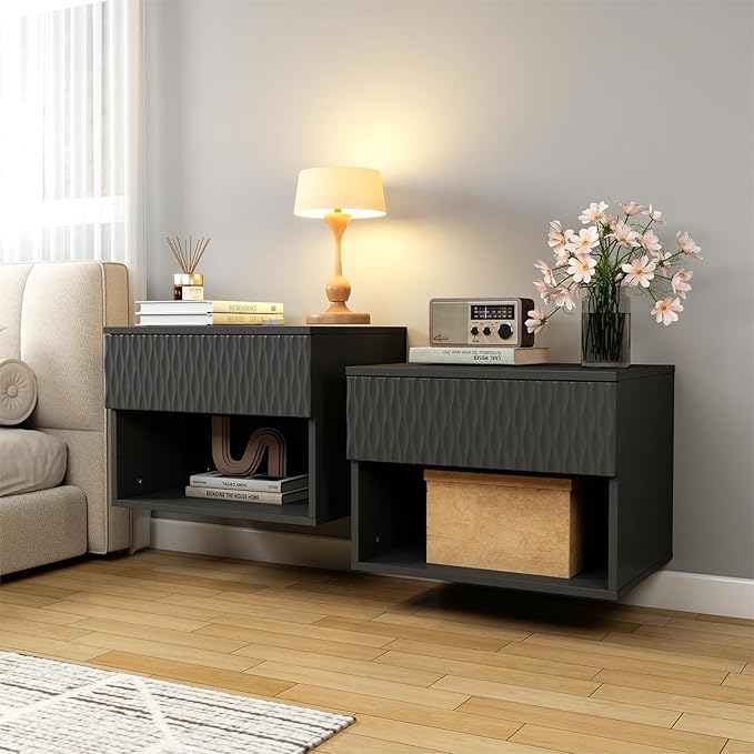 Floating Nightstand Set of 2,Modern Bedside Tables for Bedroom,Small Night Stands with Drawer and Open Shelf, Wall Mounted End SideTables Set for Living Room