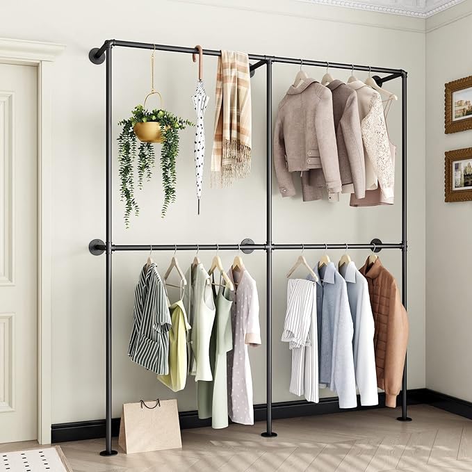 Industrial Pipe Clothing Rack Wall Mounted Garment Rack, Black Pipe Clothes Racks Retail Display Hanging Rod for Closet Storage, Laundry Room