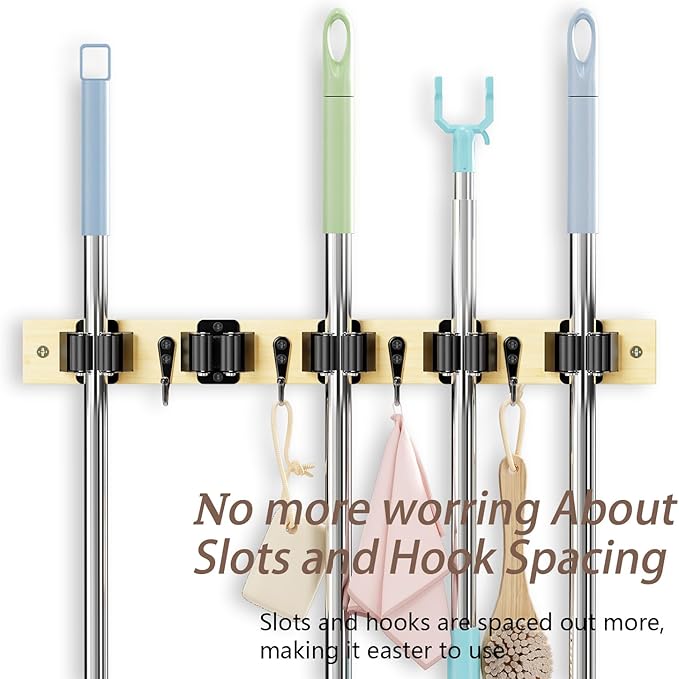 Mop and Broom Holder Wall Mount - Bamboo Broom Mop Hanger - Wall Mounted Garden Tool Rack Organizer for Closet Garage Laundry Room Kitchen Decor With 5 Slots & 4 Hooks