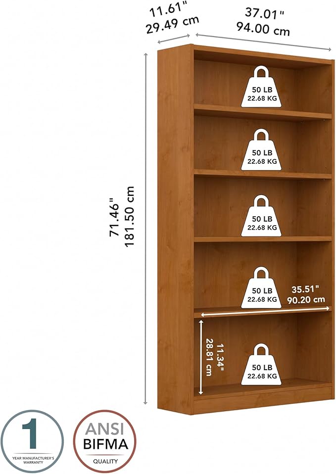 Bush Furniture Universal Tall 5 Shelf Bookcase in Natural Cherry, Vertical Storage and Display Bookshelf for Home Office or Living Room Organization