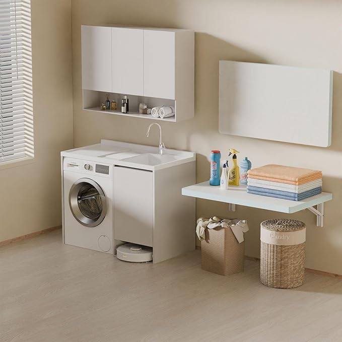 IAE Wall Mounted Folding Table with Pine Wood,24" x 14" Floating Wall Desk,Laundry Folding Table with Shelf Bracket,Fold Down Desk Shelf,Folding Workbench for Home,Dining, Laundry Room,Kitchen,White