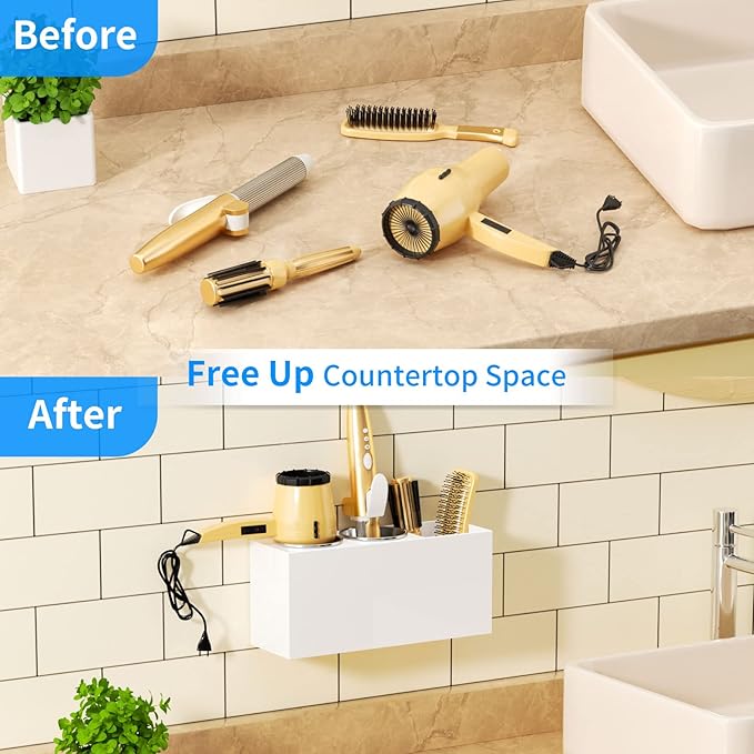 NIUBEE Wall Mount Hair Styling Tool Organizer - Bathroom Cabinet Holder for Blow Dryers, Flat Irons, Curling Irons - White