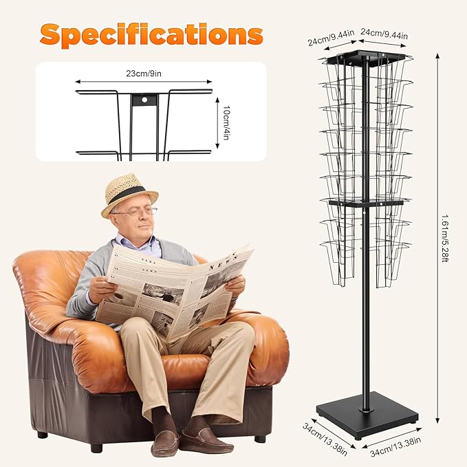 36-Pocket Rotating Magazine Rack, 360° Floor Brochure Display Stand with 132lbs Capacity, Black Modern Spinner Organizer for Retail, Office, Exhibition, Home