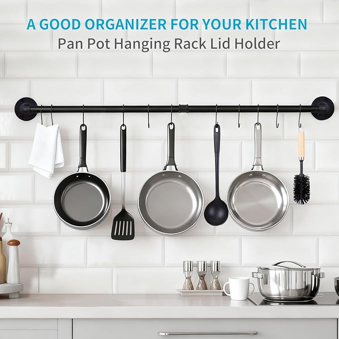 Pan Pot Lid Utensil Hanger Rack For Kitchen Organizer Wall Mounted Industrial Pipe Hanging Kitchen Storage Rack Pots Lids Pans Utensils Mugs Wall Holder With 10 Hooks