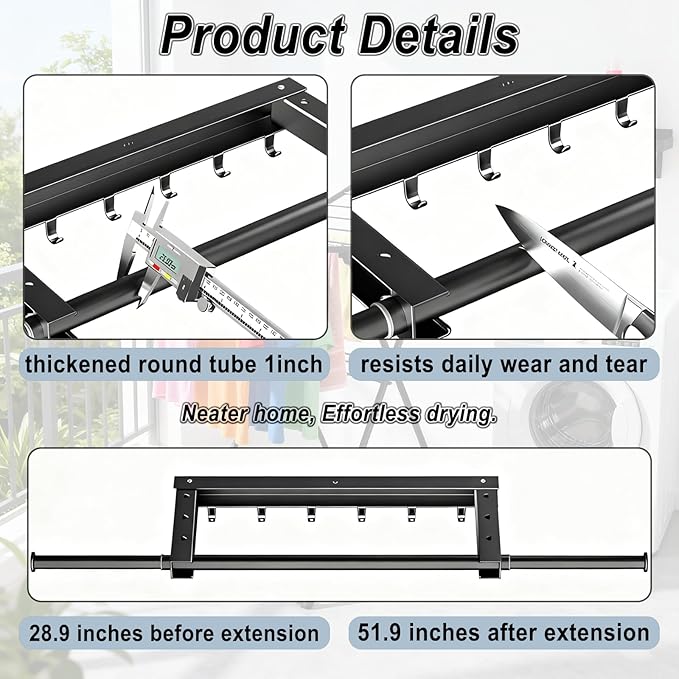 2 Pcs Clothes Drying Rack, Laundry Drying Rack with Wall-Mount Foldable Space Saving Design, Indoor Folding Clothes Horse for Small Spaces with Retractable Rods, Black