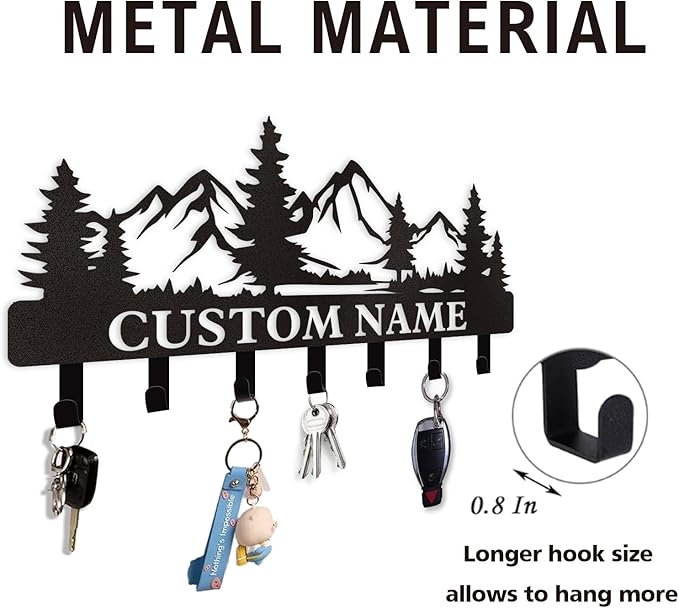 Personalized Custom Mountain Theme Key Holder with Name, Metal Wall Mount, Coat Rack, Key Hooks, Home Decor Gift