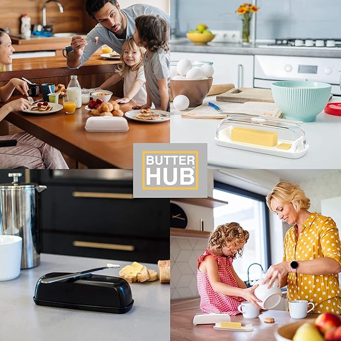 Butter Hub Extra Large Butter Dish with Lid and Knife, European Size Magnetic Butter Keeper, Easy Scoop, No Mess Lid, Plastic, Dishwasher Safe (White, European / 2 Sticks)