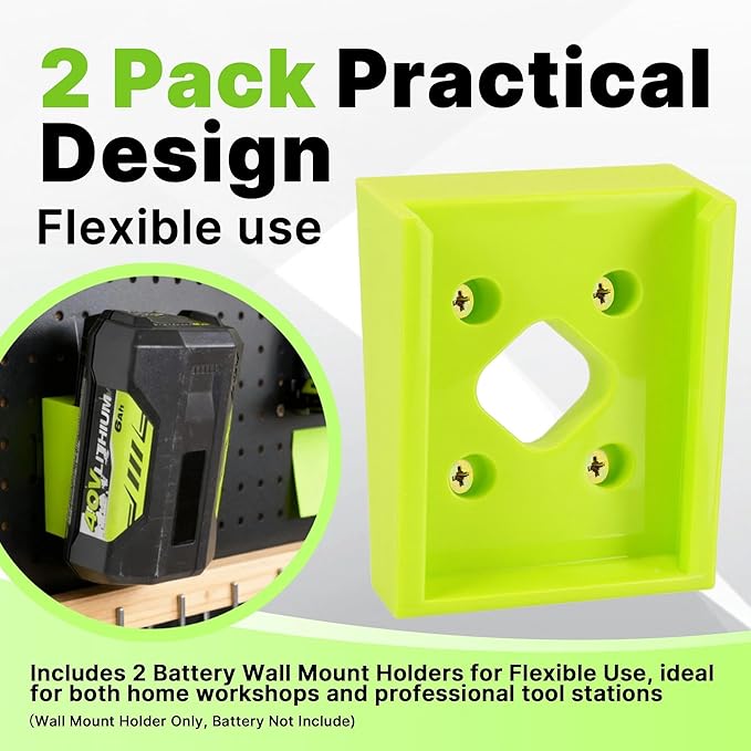 Wall Mount Holder Compatible with Ryobi Battery 40V：4Ah, 5Ah, 6Ah, 2 Pack Plastic Wall Mount Battery Storage Rack with Screws