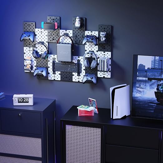 PEGZONE Controller and Headphone Holder Wall Mount, Modular Gaming Pegboard with Accessories, Controller Stand for Xbox PS5 PS4 Switch, Video Game Storage, Disc Shelf, 14pcs Pegboard, Black & White