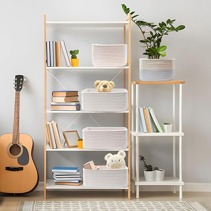 COMFY-HOMI 13" x 8.5" x 5.1" Storage Baskets for Organizing | Cotton Rope Woven Basket | Toy Storage Bin Box | Basket for Shelves, Closet Organizer Bin, Decorative Closet Shelf, 1 Pack, All white