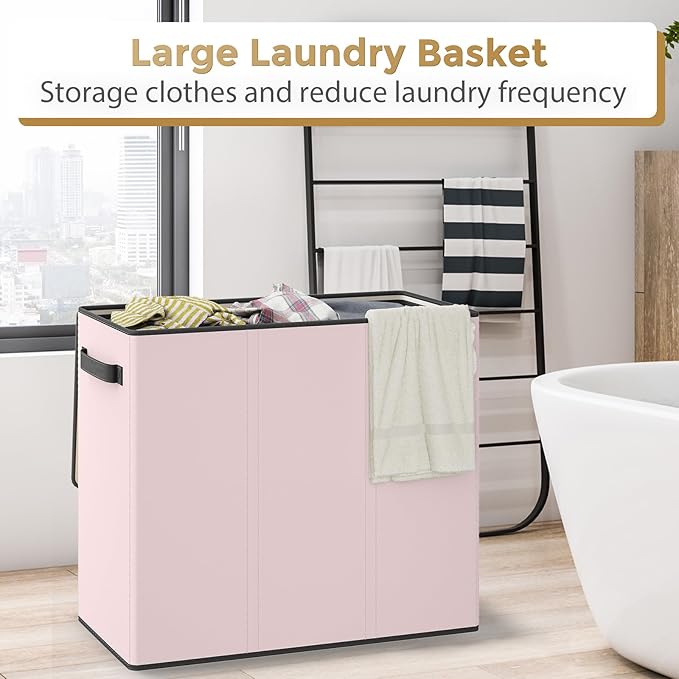 180L Laundry Hamper 3 Section, Large Laundry Basket with Lid, Laundry Basket Organizer with Handles, Pink Divided Laundry Baskets, Clothes Hampers for Nursery, Bedroom, Bathroom