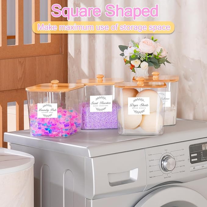 efluky 4 pack Laundry Pods Container & Dryer Sheet Holder Set,Clear Laundry Room Organization Containers with Bamboo Lids and Labels,Laundry Pods Holder for Scent Booster,Powder,Pod