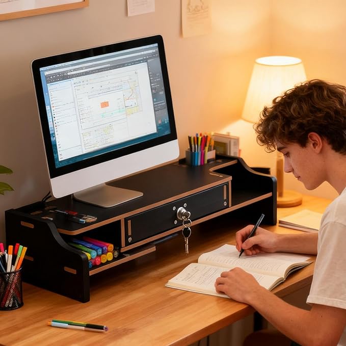 Monitor Stand Riser - Desktop Organizer with Practical Drawer, Wood Riser for Laptop Printer PC, Multi-Functional Shelf with Sturdy Build, Desk Accessory for Home Dorm Apartment, 19.21 Inch