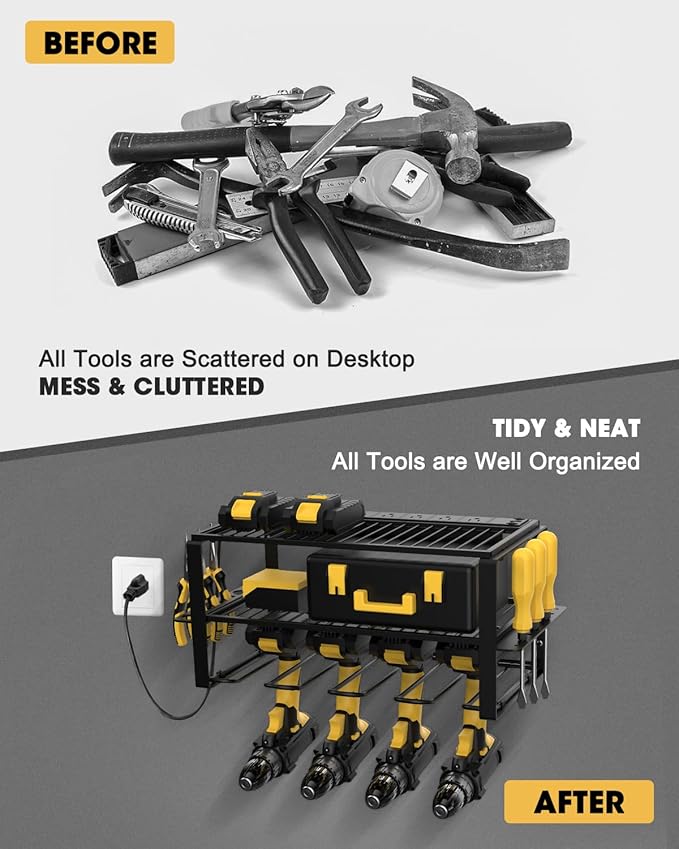 Wall Mount Power Tool Organizer and Charging Station - 6 AC Outlets, 3 Layers for Drills, Great as Heavy Duty Garage Tool Rack