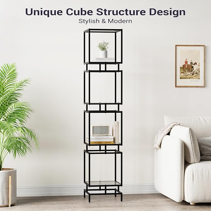 4 Cube Glass Shelf, 4-Tier Bookshelf, Display Shelf Rack, Metal Storage Rack with Tempered Glass, Modern Style for Living Room, Bathroom, Kitchen, Black