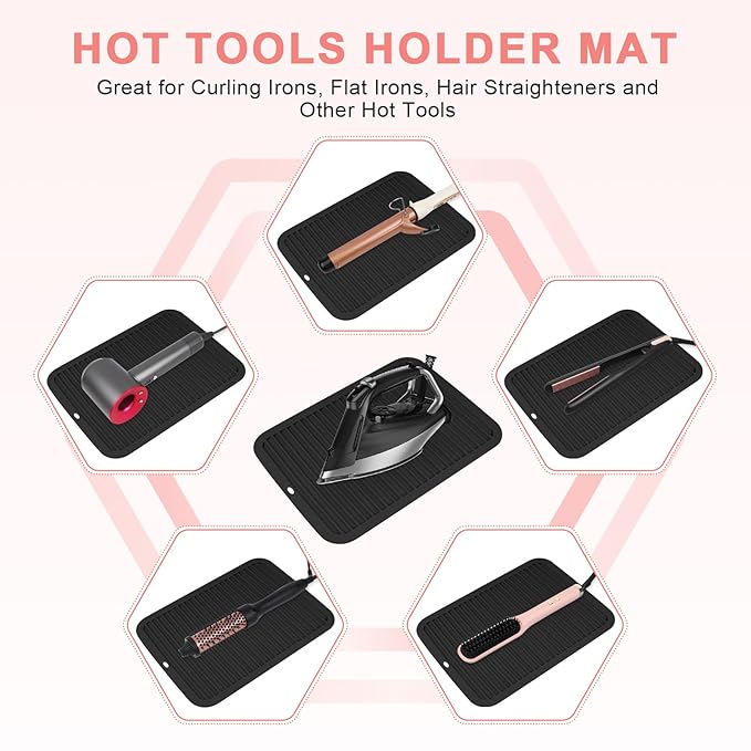 AMIJEAL Oversize Silicone Heat Resistant Mat for Hair Tools, Curling Iron Flat Iron Hair Straightener Holder Mat, Portable Hot Tools Sleeve Pad for Travel Vanity Salon(14.2" x 11.0")