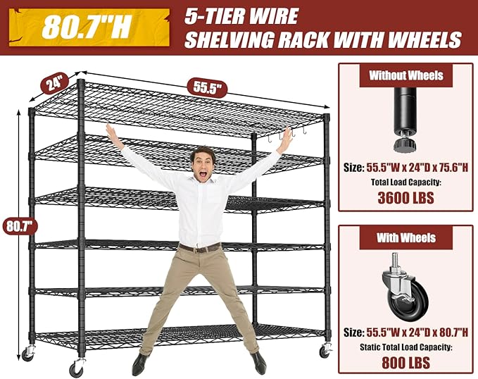 PrimeZone 6 Tier 80.7" H x 55.5" W x 24" D Wire Shelving with Wheels 3600lbs NSF Certified Storage Shelves Heavy Duty Metal Shelf Adjustable Rolling Rack Commercial Garage Restaurant Warehouse 3pcs